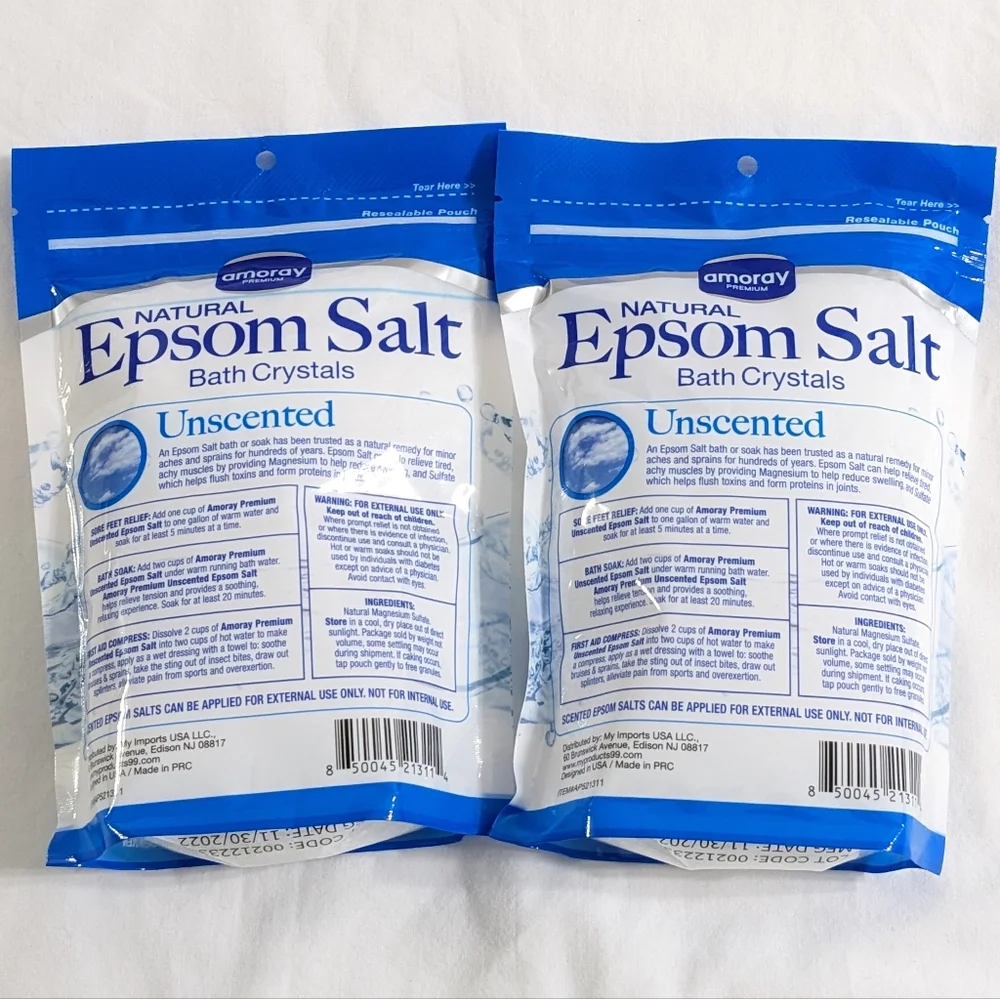 Amoray Natural Epsom Salts Bath Crystals, Unscented, Bundle of 2, 16 oz., NEW